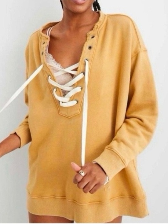 aerie Sweaters - Aerie Relaxed Fit Yellow Mustard Sweatshirt Lace-up Tie Front Sz L